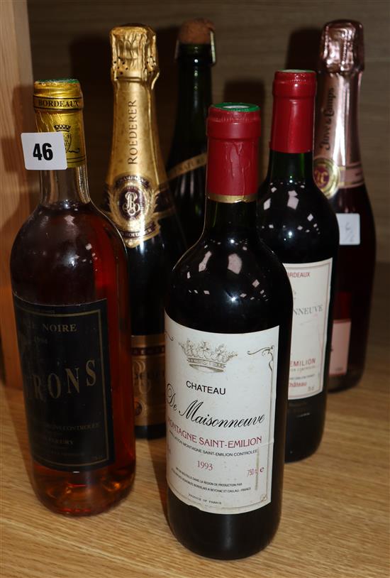 Two bottles of Montagne Saint Emilion, 1993, one Carte Noir Cevons, 1994, one Juve & Camps, Pinot Noir, one champagne Louis Roederer,